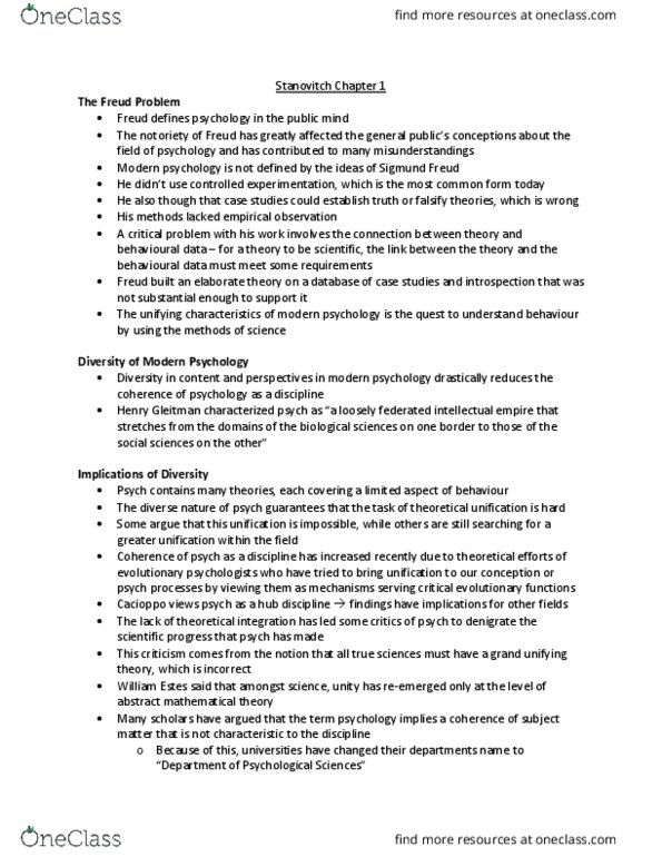 Psychology 2800E Chapter Notes - Chapter Stanovitch 1: William Kaye Estes, Falsifiability, Empiricism thumbnail